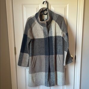 Women's Plaid Wool Blend Trench Coat - Gray & Cream